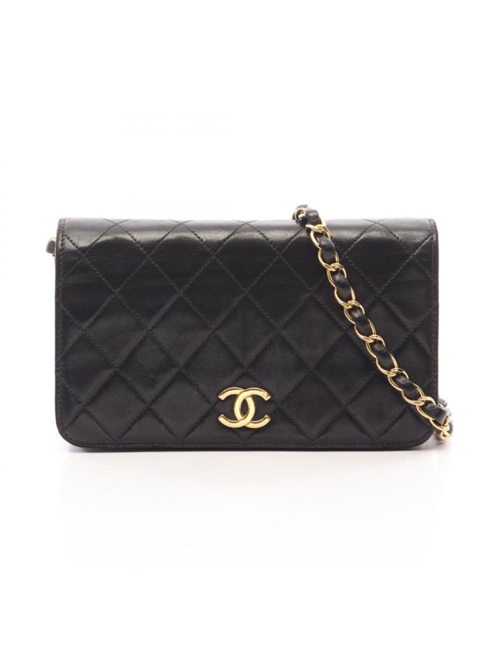 Chanel Shoulder Bag Mini Quilted Full Flap Black Lambskin Push Lock Chain